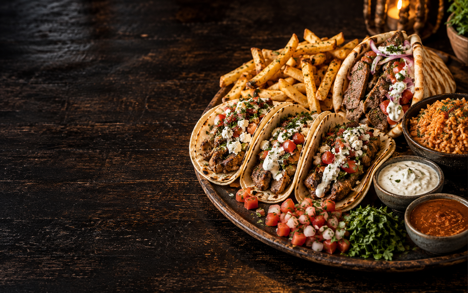 Greek and Mexican inspired meal with tacos, gyro pita, rice, and fries